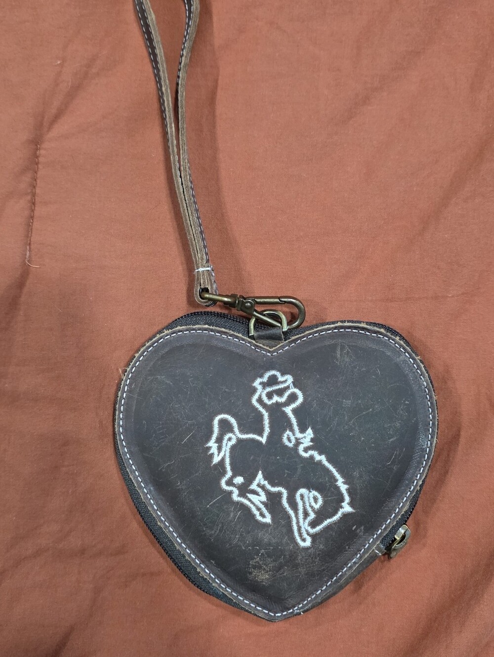 Heart-Shaped Brown Leather Wristlet with Embroidered Design